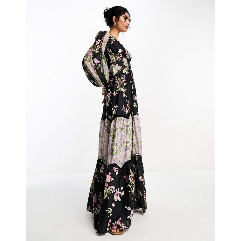 ASOS DESIGN Color Block Maxi Dress Floral Prairie Cottage Core Romantic Sz 4 - Picture 2 of 11